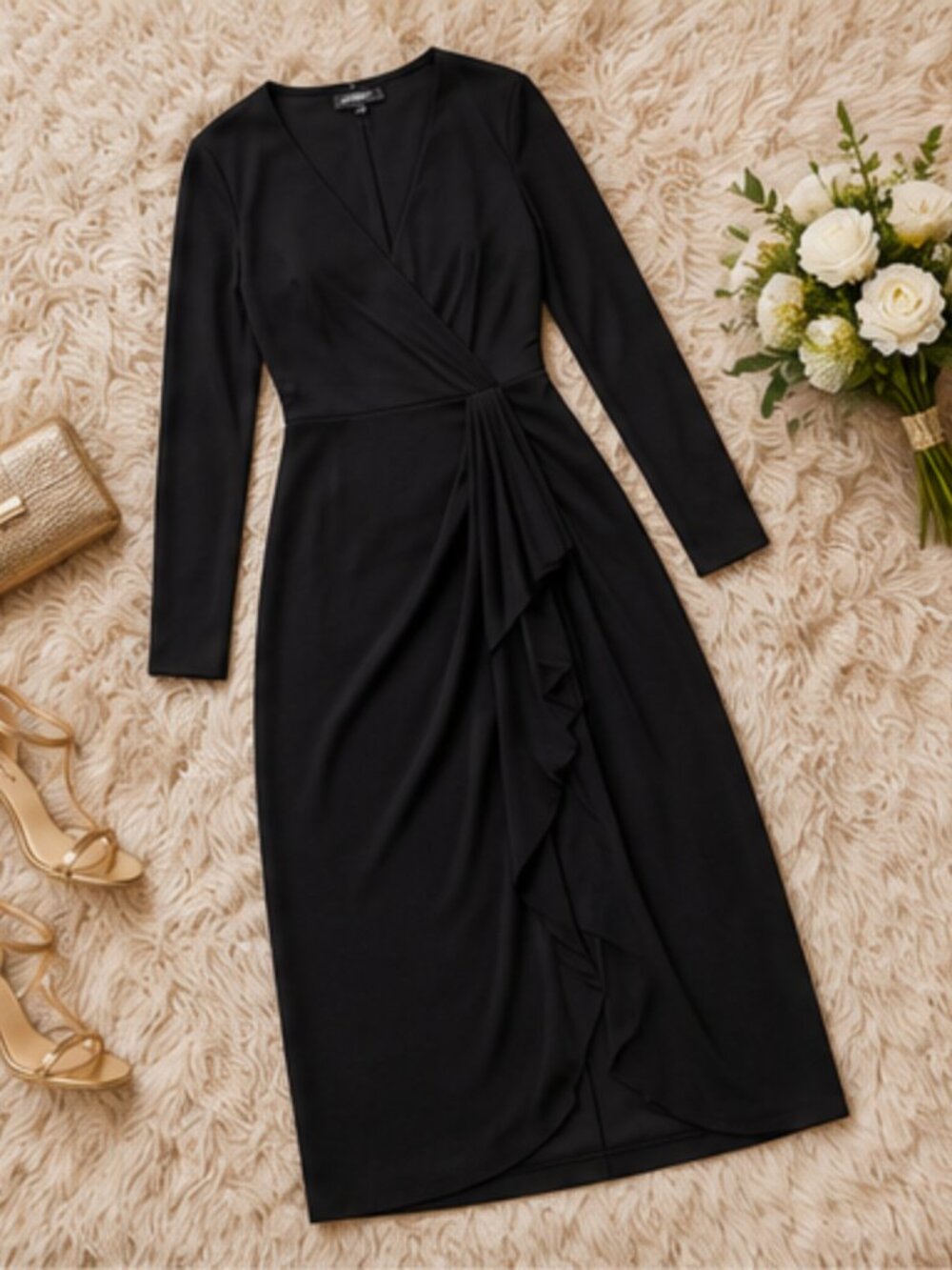 Xscape Evenings Black V-Neck Long Sleeve Maxi Dress NWT Size 6 Formal